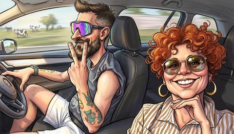 Netty und Frank im Auto, als Karikatur gezeichnet